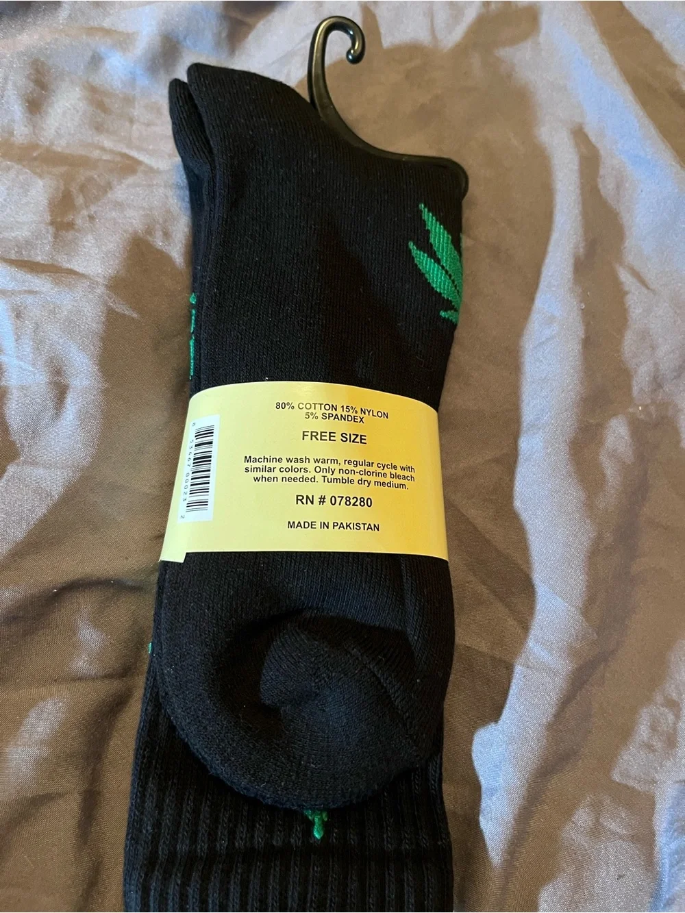 WEEDO Black Crew Socks with Green Leaf Pattern
